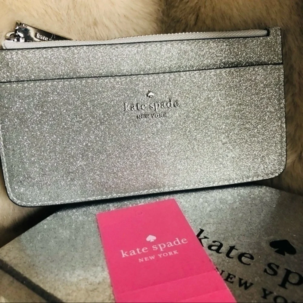 Kate Spade Silver Glitter Slim Wallet Zip Pouch NWT